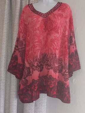 Catherines Coral Red Paisley V-Neck Tunic with Black Trim